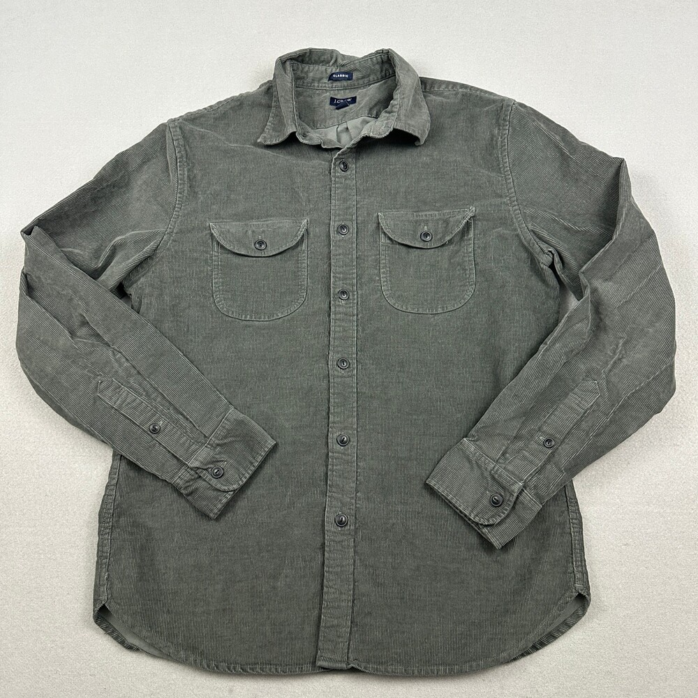 J.Crew Shirt Men Medium Gray Corduroy Classic Button Down Flap Pockets Stretch M